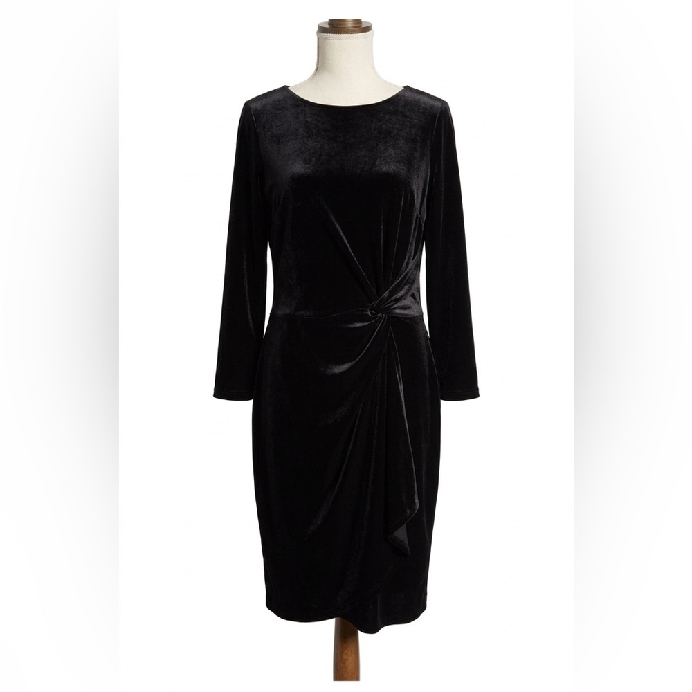 DKNY Black Velvet Long Sleeve Faux-Wrap Sheath Dress Size M NWOT